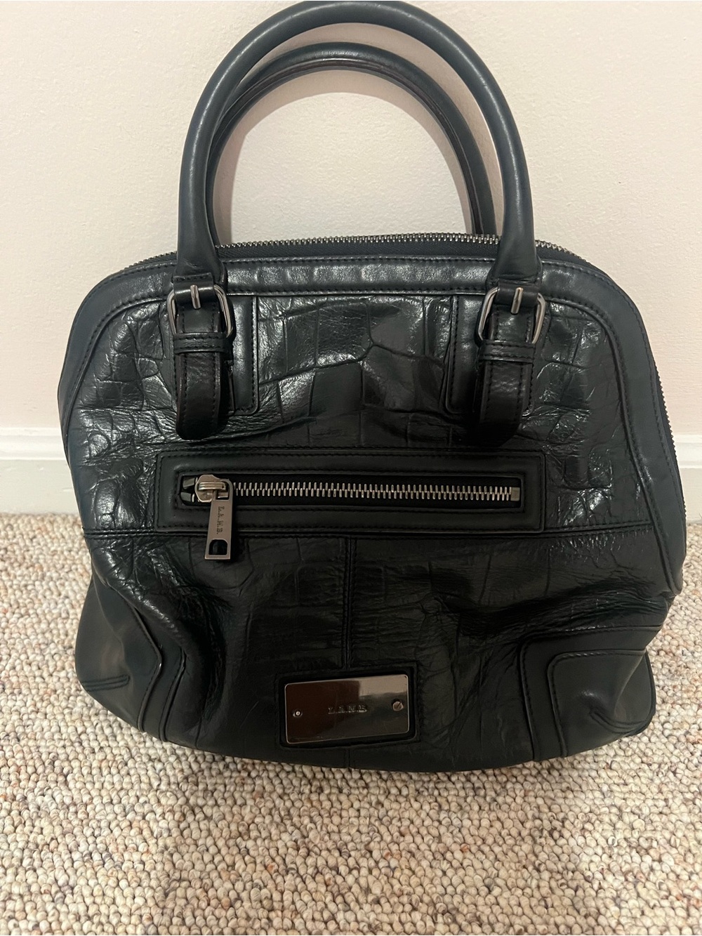 L.A.M.B. Black Textured Leather Satchel with Front Zip Pocket